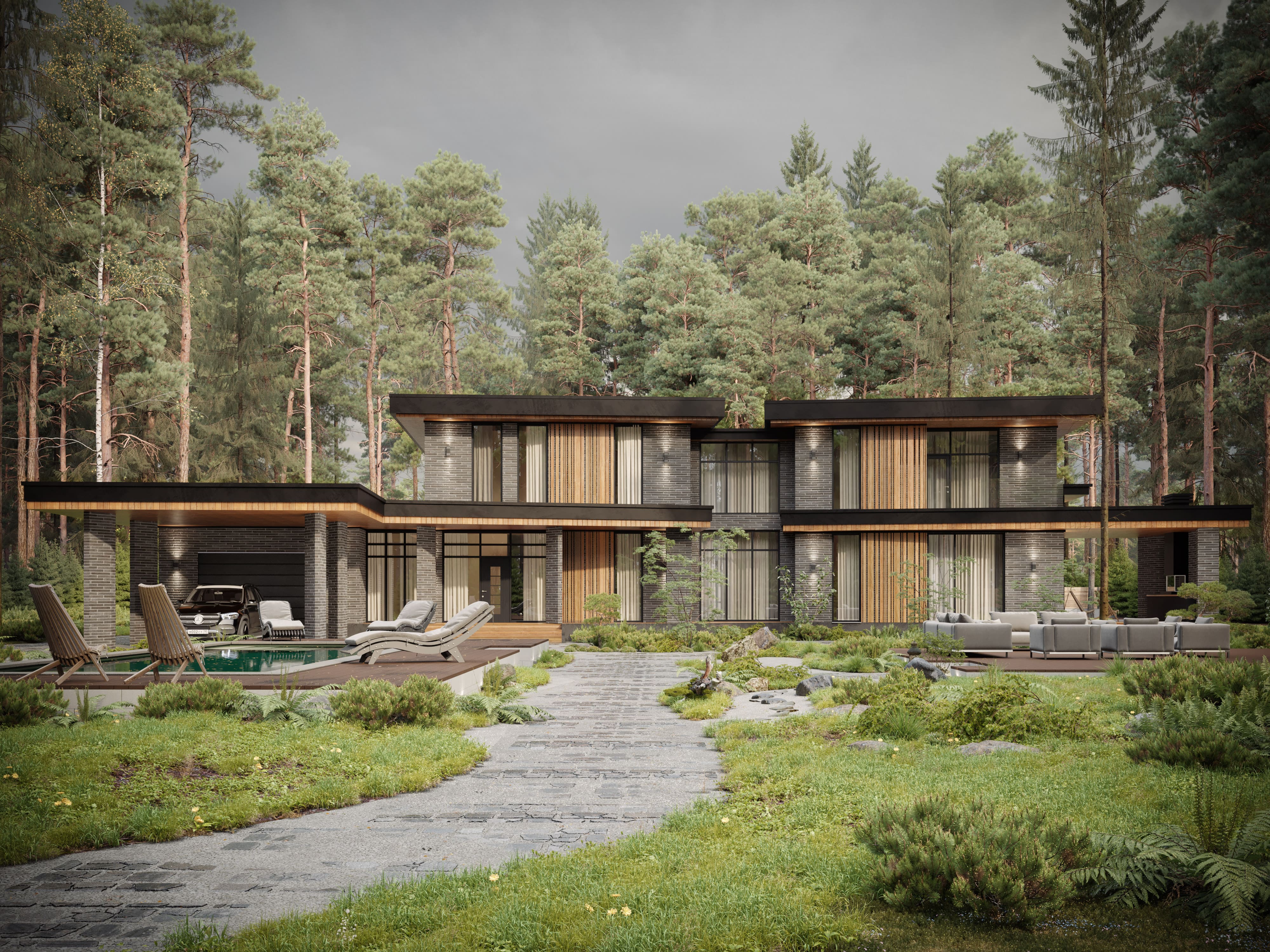 Комбинированная отделка фасада: дерево и кирпич на доме из газобетона